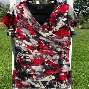 Faux Crossover V-neck Blouse Red Black Sz Large